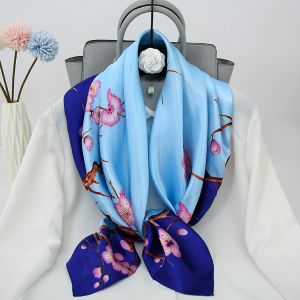 F741 Sakura blossom print square neck scarf in baby Blue