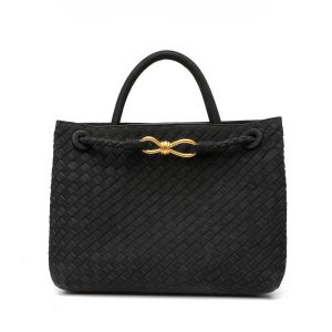 Textured Woven Tote Bag with Gold Bow Clasp