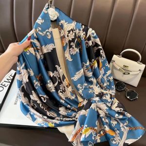 TT275 Flowers and chains satin scarf in Blue