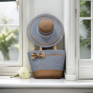 Two-Tone Straw Sun Hat & Tote Bag Set