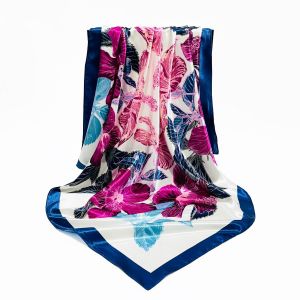 F758 Floral print square neck scarf in Cream/Navy/Fuchsia