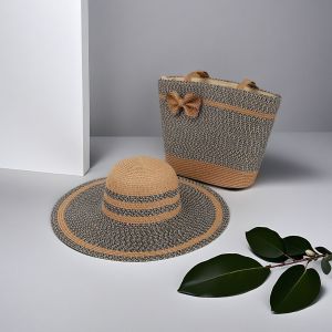 Two-Tone Straw Sun Hat & Tote Bag Set