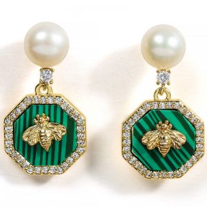 EUR147 Pearl and crystals earrings with bee in Green