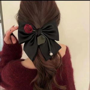 SS58 Red rose flower hair clip bow in Black