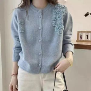 Knit Cardigan with 3D Floral Embroidery