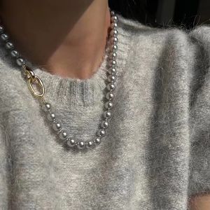 EUR402 plain pearl necklace with Gold chunky clasp  in Grey