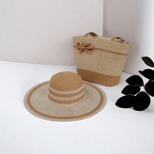 Two-Tone Straw Sun Hat & Tote Bag Set