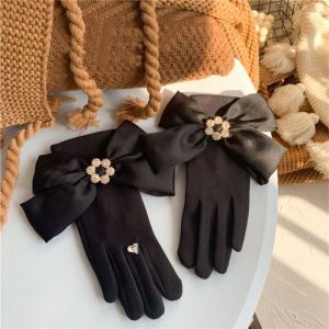 HA228 large satin bow with crystal heart detail in Black