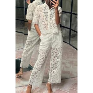 Floral Lace Two-Piece Set Shirt & Wide Leg Trousers