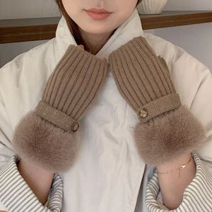 Faux Fur Knit Fingerless Button Gloves