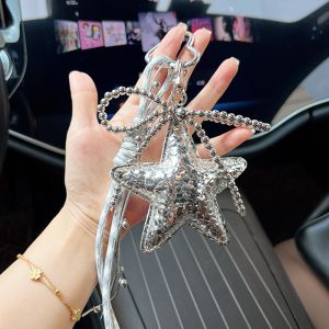 Silver Star Metallic Textured Keychain with Beaded Detail