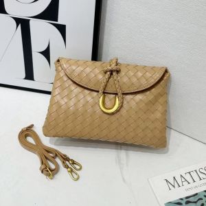 Woven Crossbody Bag with Gold Accent in Beige
