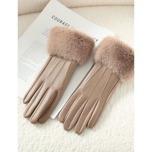 Luxe Faux Leather Gloves with Plush Faux Fur in Beige LG006