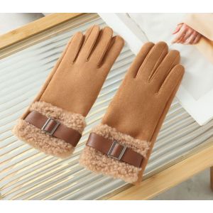 Plush Faux Fur Trim & Buckle Wool Gloves in Tan HA301
