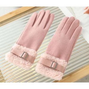 Plush Faux Fur Trim & Buckle Wool Gloves in Pink HA301