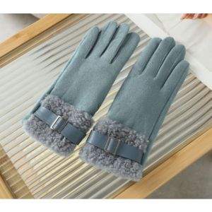 Plush Faux Fur Trim & Buckle Wool Gloves in Duck Egg Blue HA301