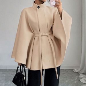 Batwing Cape Jacket with High Neck and Tie-Waist
