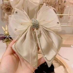 SS50 organza silk hair bow with crystal detail clip in Cream