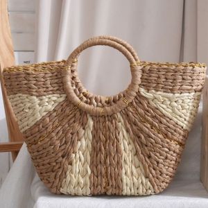 Tropical Escape Woven Beach Bag with Gold Accents