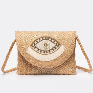 Beaded Evil Eye & Fringe Straw Clutch Bag