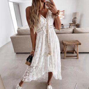 Tassel Detail White Boho Lace Beach Dress Cover-Up