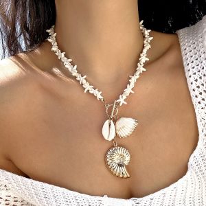 Gold & White Seashell Starfish Beaded Charm Necklace