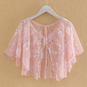 Blush Pink Sequin Mesh Lace Wedding Shawl & Bolero