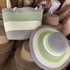 Pastel Striped Sun Hat & Large Tote Bag Beach Set