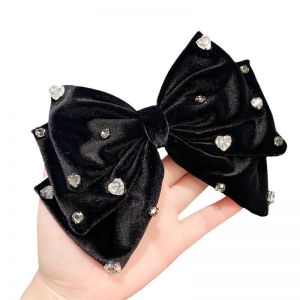SS43 Crystal hearts velvet large bow hair clip in Black