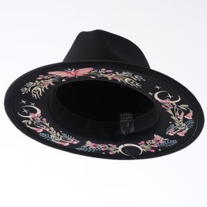 Mystic Moon & Floral Embroidered Black Fedora Hat WA216