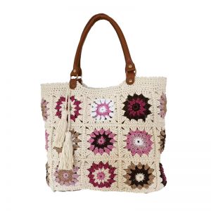 Multicoloured Crochet Knit Shoulder Bag with Tassels