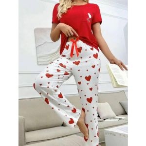 Short Sleeve Ribbed Top & Heart Pattern Pyjama Set