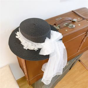 WA174 vintage White ribbon and beaded flowers straw hat in Black