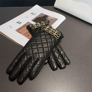 Quilted Black Faux Leather Gloves with Gold Chain