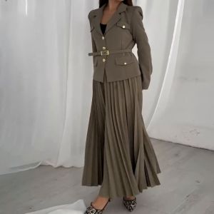 Two-Piece Set Pleated Tailored Blazer & Maxi Skirt