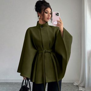 Batwing Cape Jacket with High Neck and Tie-Waist