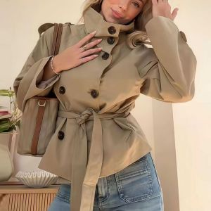 Parisian Style Double Rows Buttons Belted Trench 