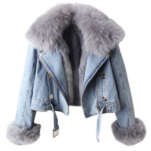 Faux Fur Denim Jacket with Collar and Cuffs