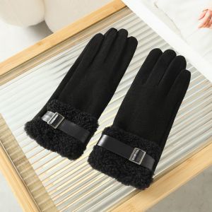 Plush Faux Fur Trim & Buckle Wool Gloves in Black HA301