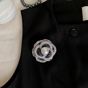 Silver Mesh Floral Brooch with Faux Pearl