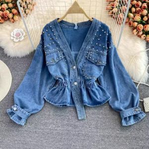 Studded V-Neck Denim Jacket with Elastic Cinch Waist