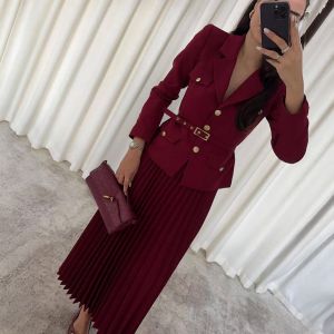 Two-Piece Set Pleated Tailored Blazer & Maxi Skirt