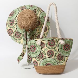 2 Piece Straw Green Beach Bag & Sun Hat