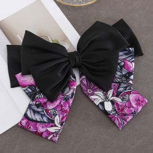 SS67 large two layer floral satin hair bow in Black/Purple