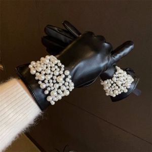Black Faux Leather Gloves with Pearl Detail LG009