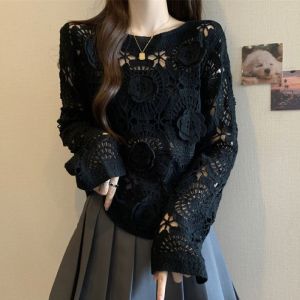 3D Rosette Detail Long Sleeve Knit Lace Top