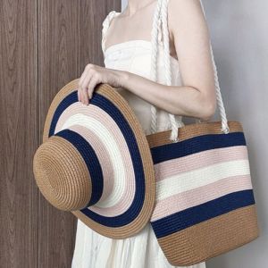 Pastel Striped Sun Hat & Large Tote Bag Beach Set