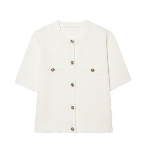 Short Sleeve Knit Top with Gold Button Accents