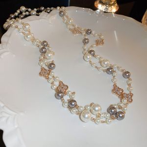 EUR315 Four petals pearls and crystals necklace in Ivory/Grey