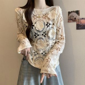 3D Rosette Detail Long Sleeve Knit Lace Top
